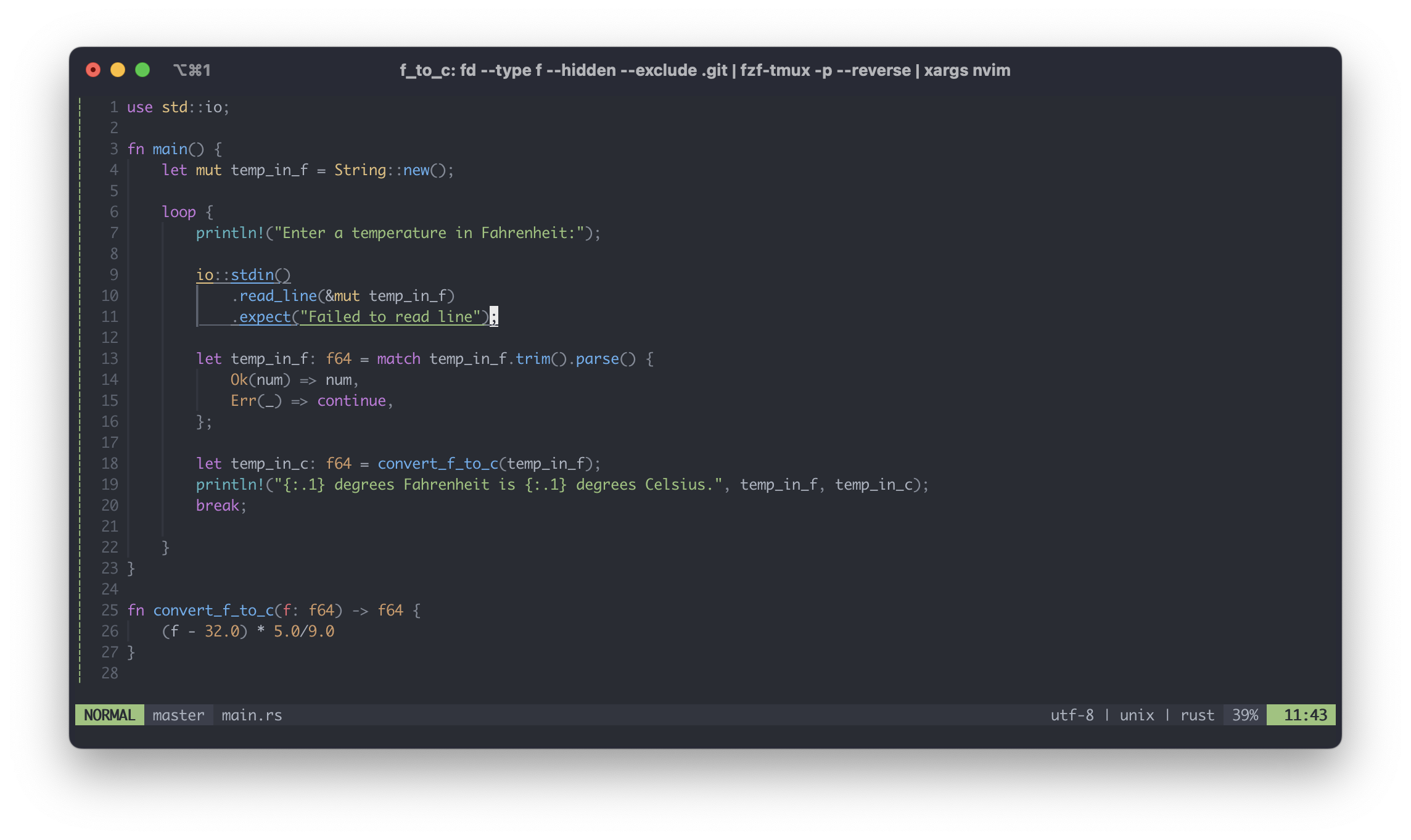A rust program in a terminal that converts fahrenheit to celsius.